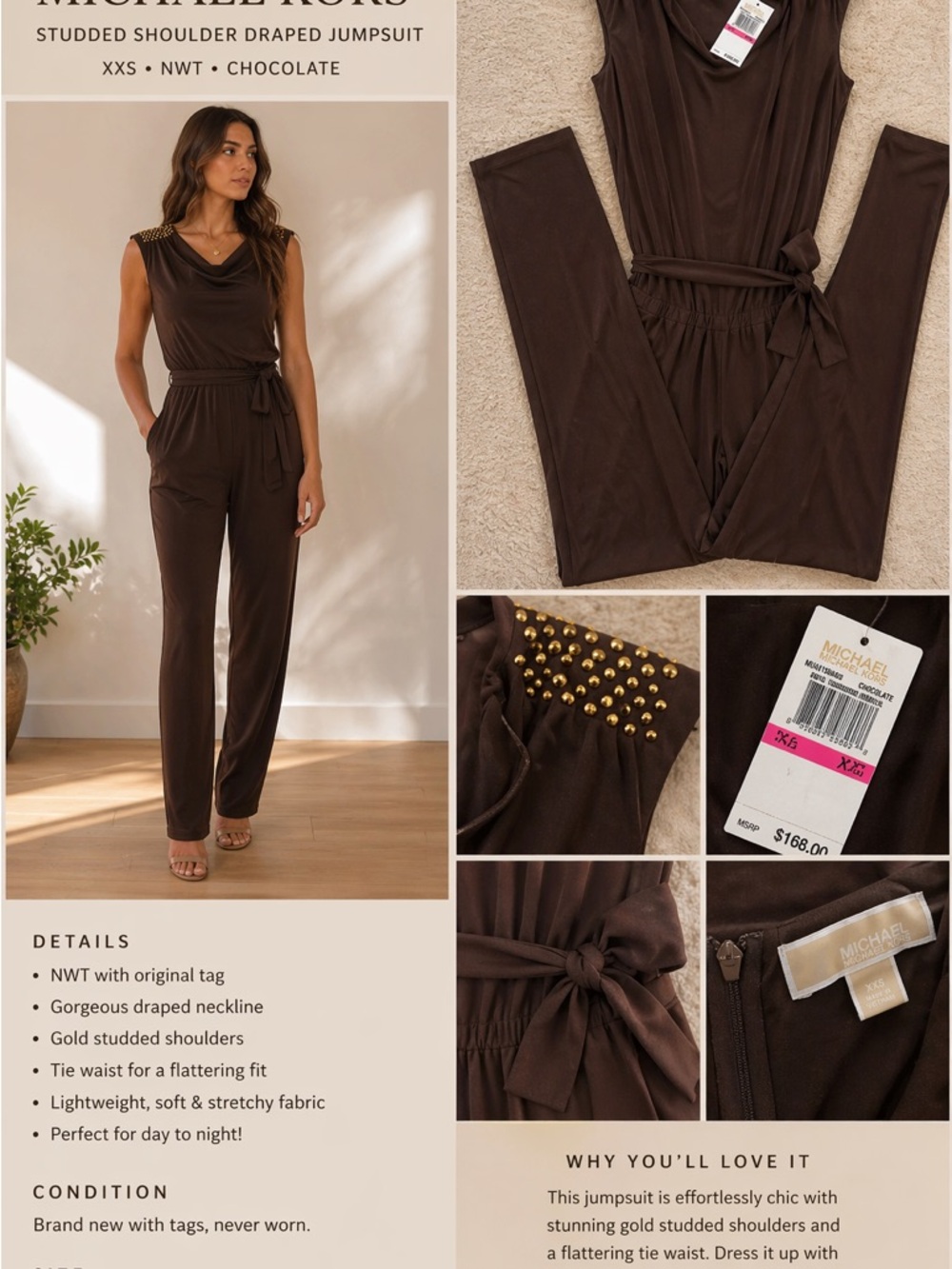 Michael Kors NWT Chocolate Draped Jumpsuit Studded Shoulder XXS Chic - Picture 2 of 7